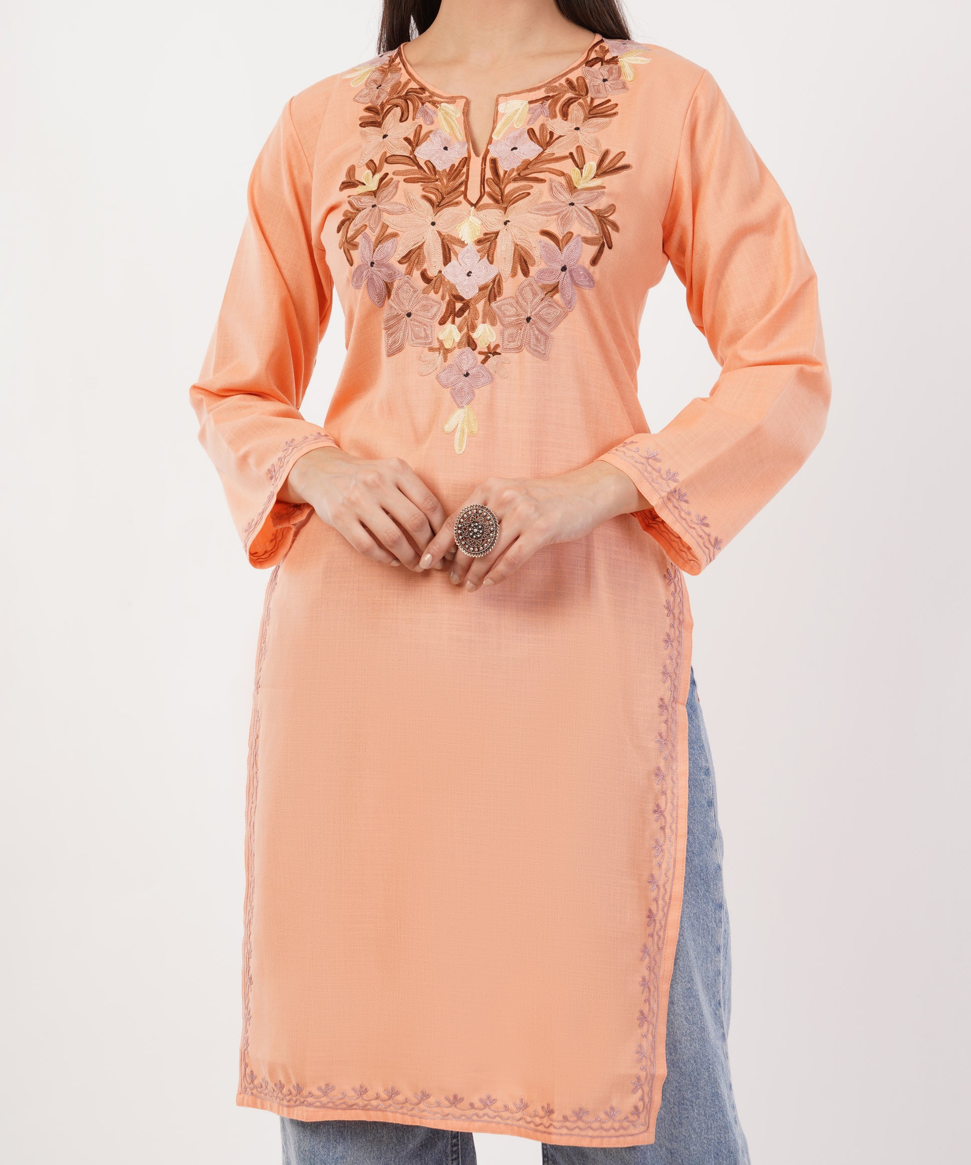 Kashmiri Aari embroidery Cotton Long Kurti Size-36 (Peach)