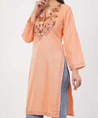 Kashmiri Aari embroidery Cotton Long Kurti Size-36 (Peach)