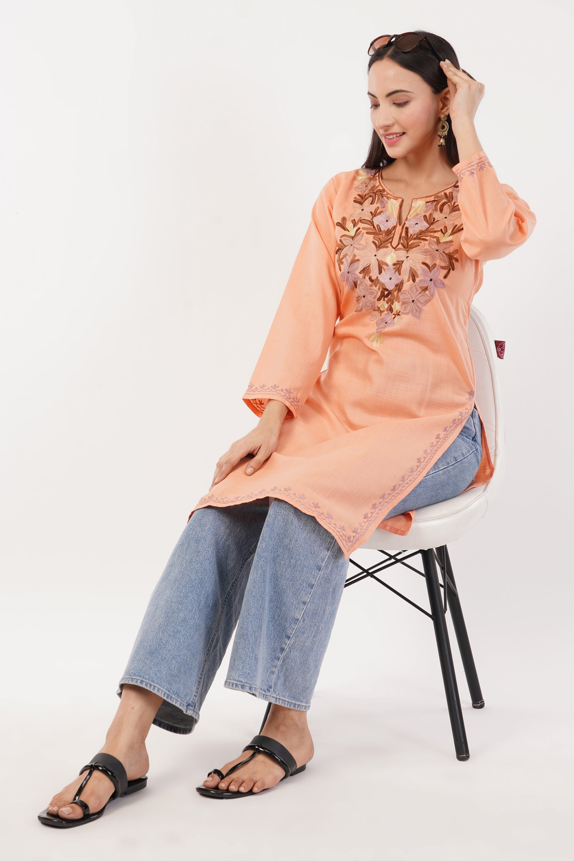 Kashmiri Aari embroidery Cotton Long Kurti Size-36 (Peach)