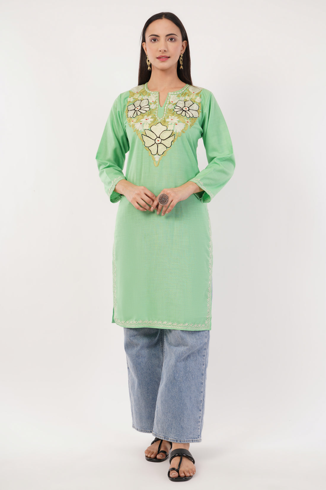 Kashmiri Aari embroidery Cotton Long Kurti Size-36 (Green)