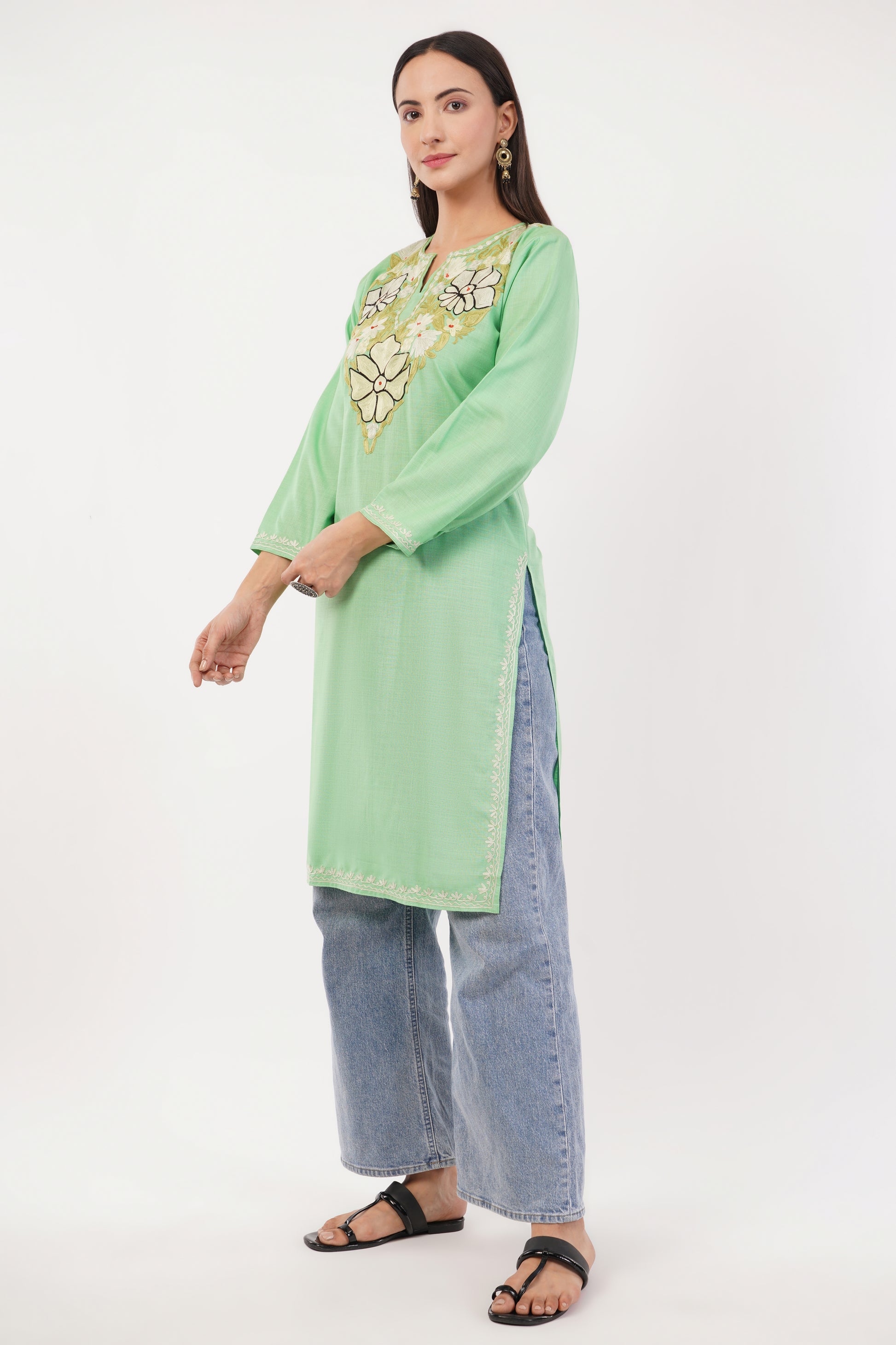 Kashmiri Aari embroidery Cotton Long Kurti Size-36 (Green)