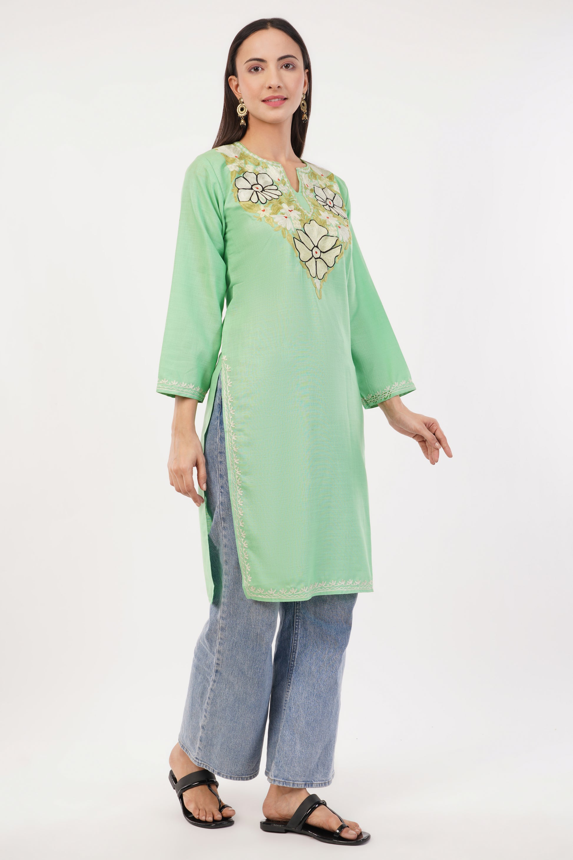 Kashmiri Aari embroidery Cotton Long Kurti Size-36 (Green)
