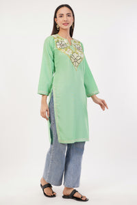 Kashmiri Aari embroidery Cotton Long Kurti Size-36 (Green)