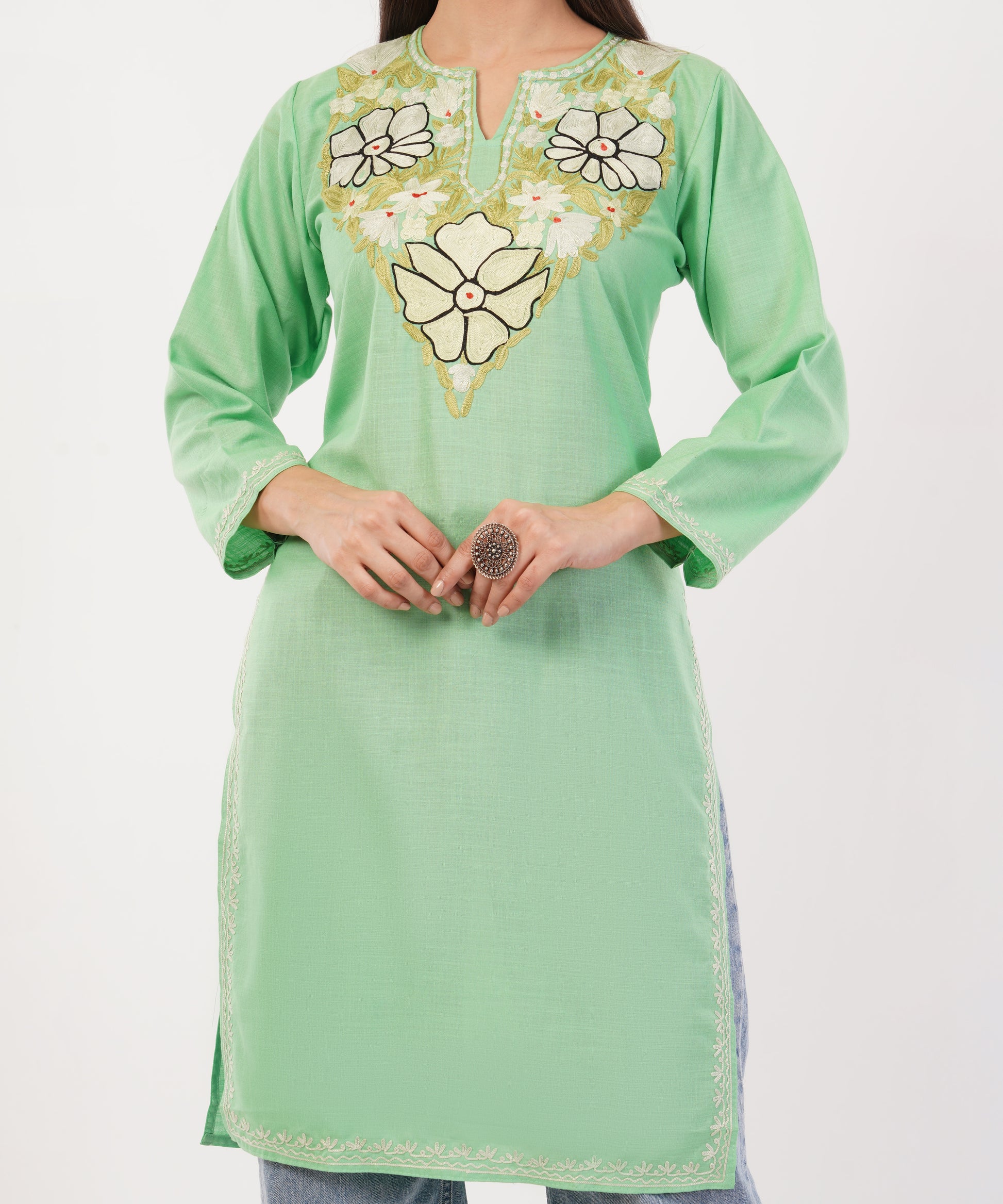 Kashmiri Aari embroidery Cotton Long Kurti Size-36 (Green)