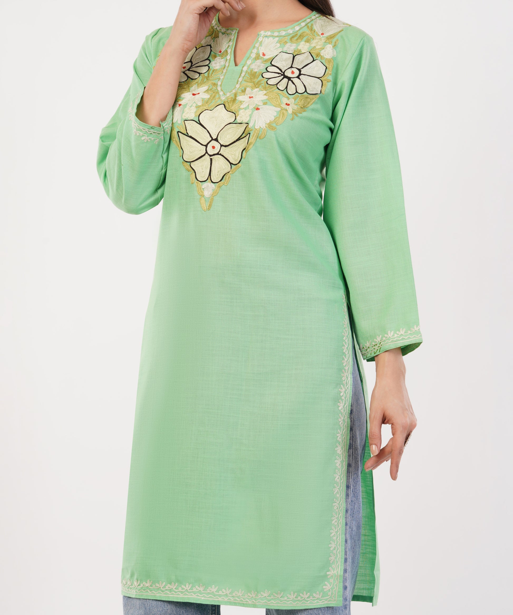 Kashmiri Aari embroidery Cotton Long Kurti Size-36 (Green)