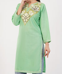 Kashmiri Aari embroidery Cotton Long Kurti Size-36 (Green)