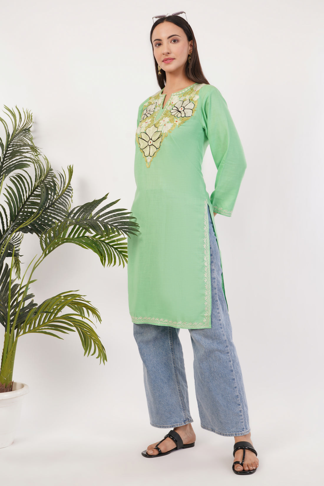 Kashmiri Aari embroidery Cotton Long Kurti Size-36 (Green)