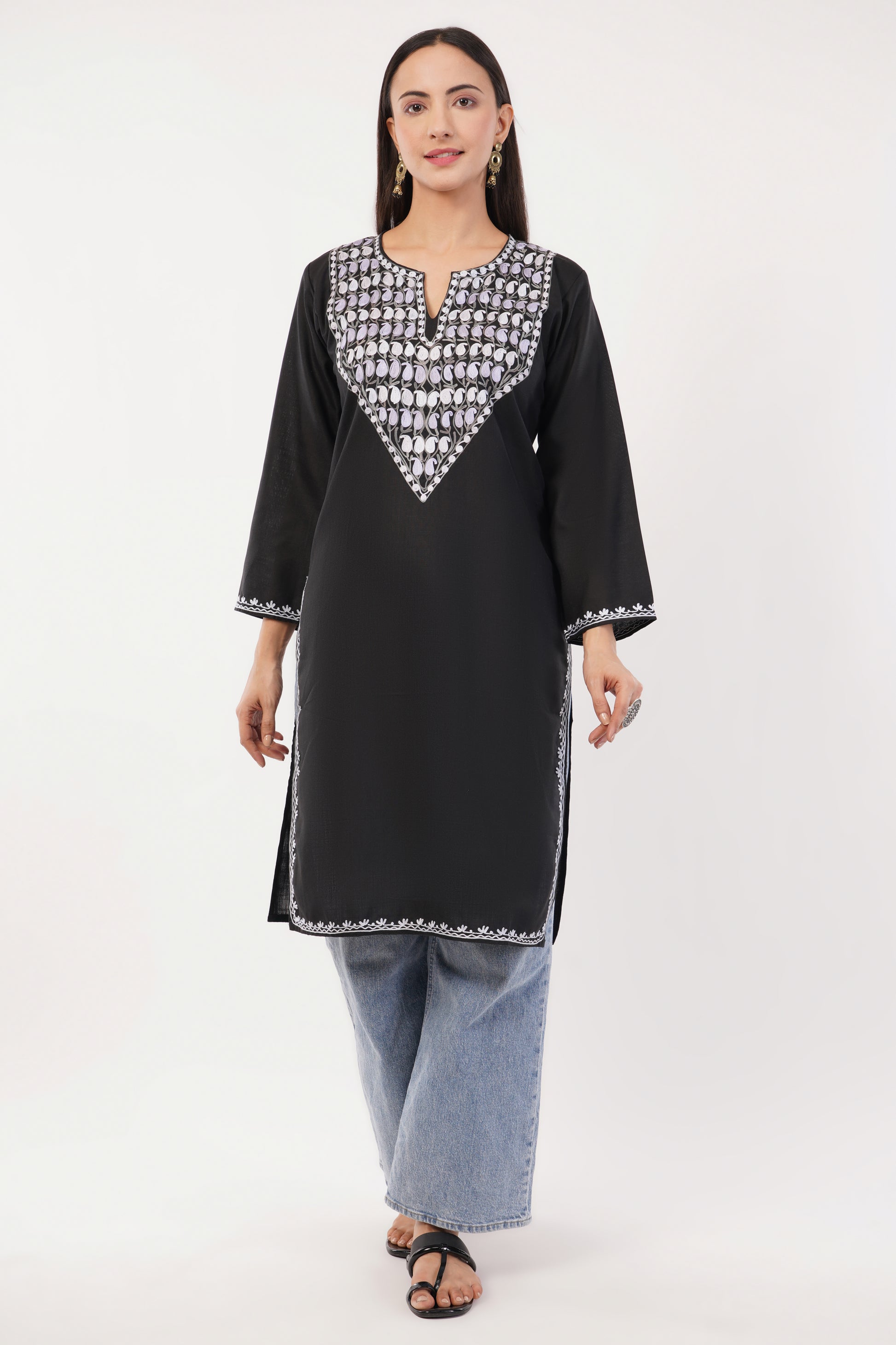 Kashmiri Aari embroidery Cotton Long Kurti Size-36 (Black)
