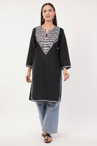 Kashmiri Aari embroidery Cotton Long Kurti Size-36 (Black)
