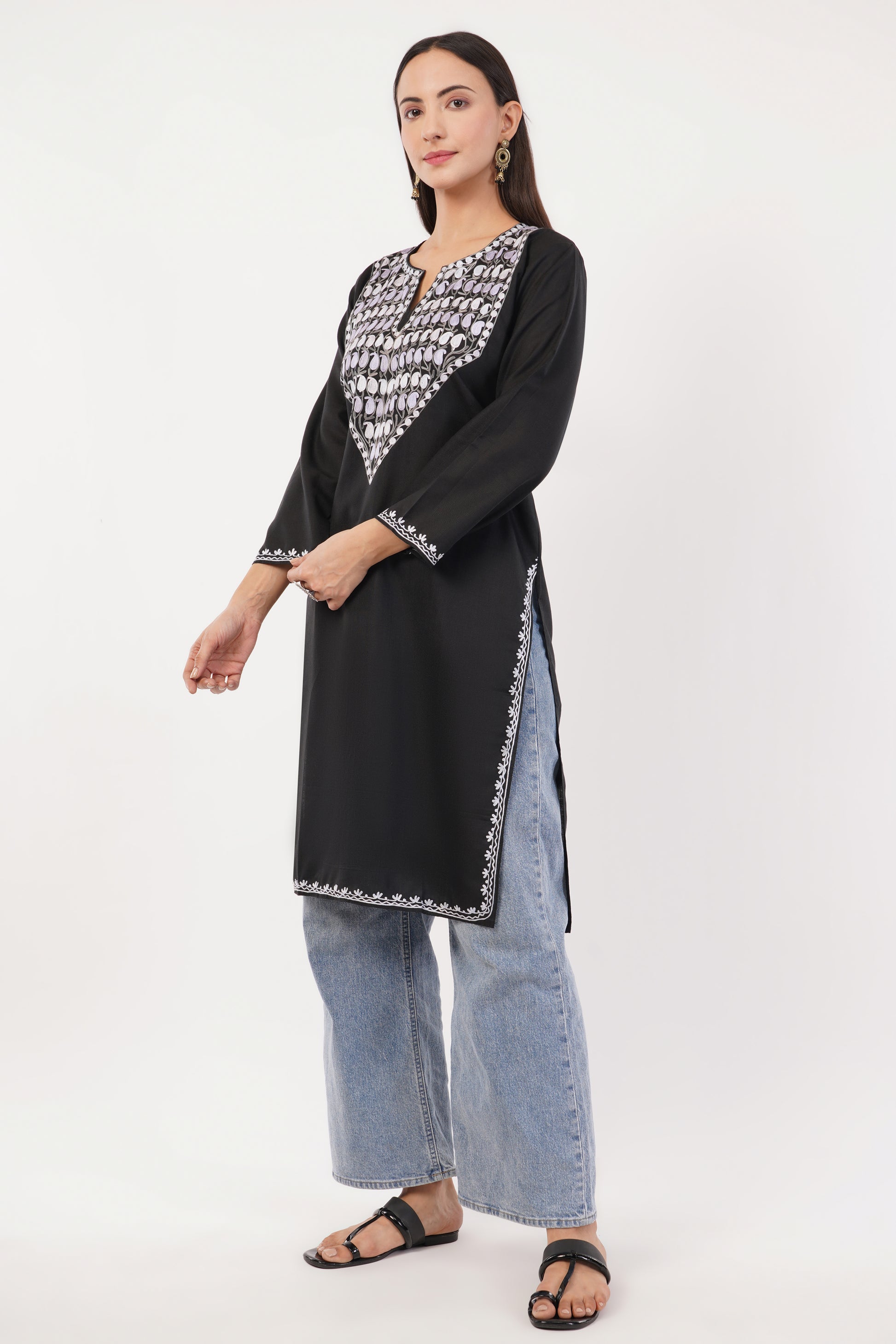 Kashmiri Aari embroidery Cotton Long Kurti Size-36 (Black)