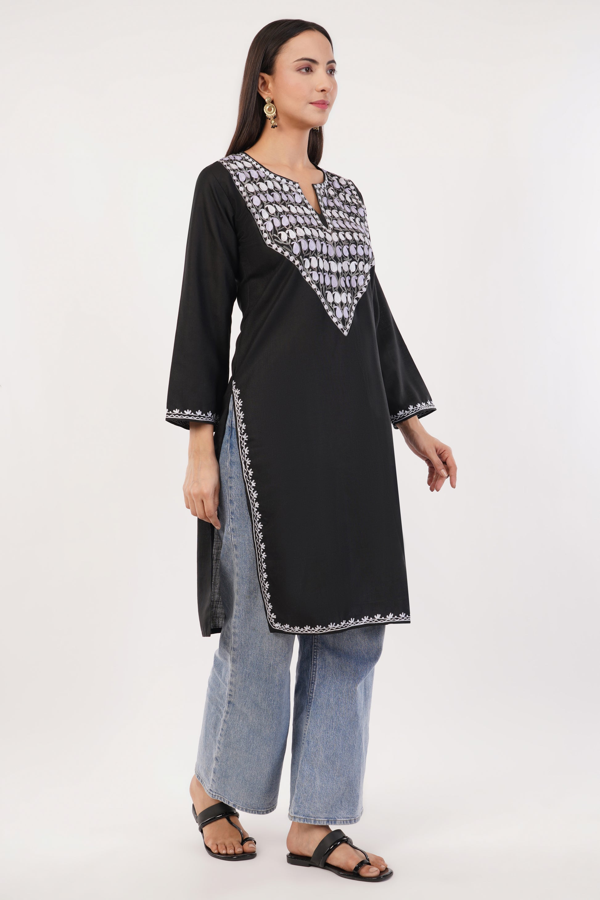 Kashmiri Aari embroidery Cotton Long Kurti Size-36 (Black)