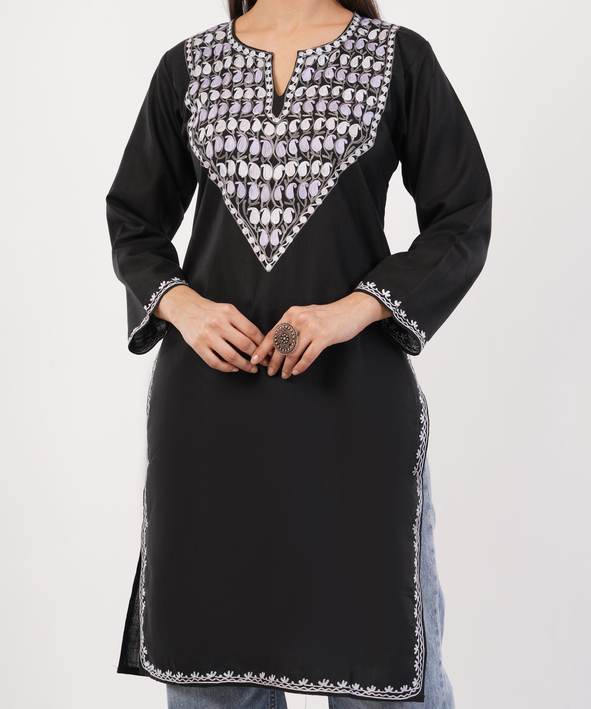 Kashmiri Aari embroidery Cotton Long Kurti Size-36 (Black)
