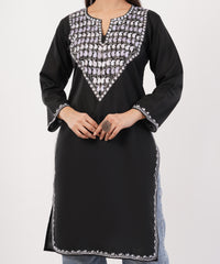 Kashmiri Aari embroidery Cotton Long Kurti Size-36 (Black)