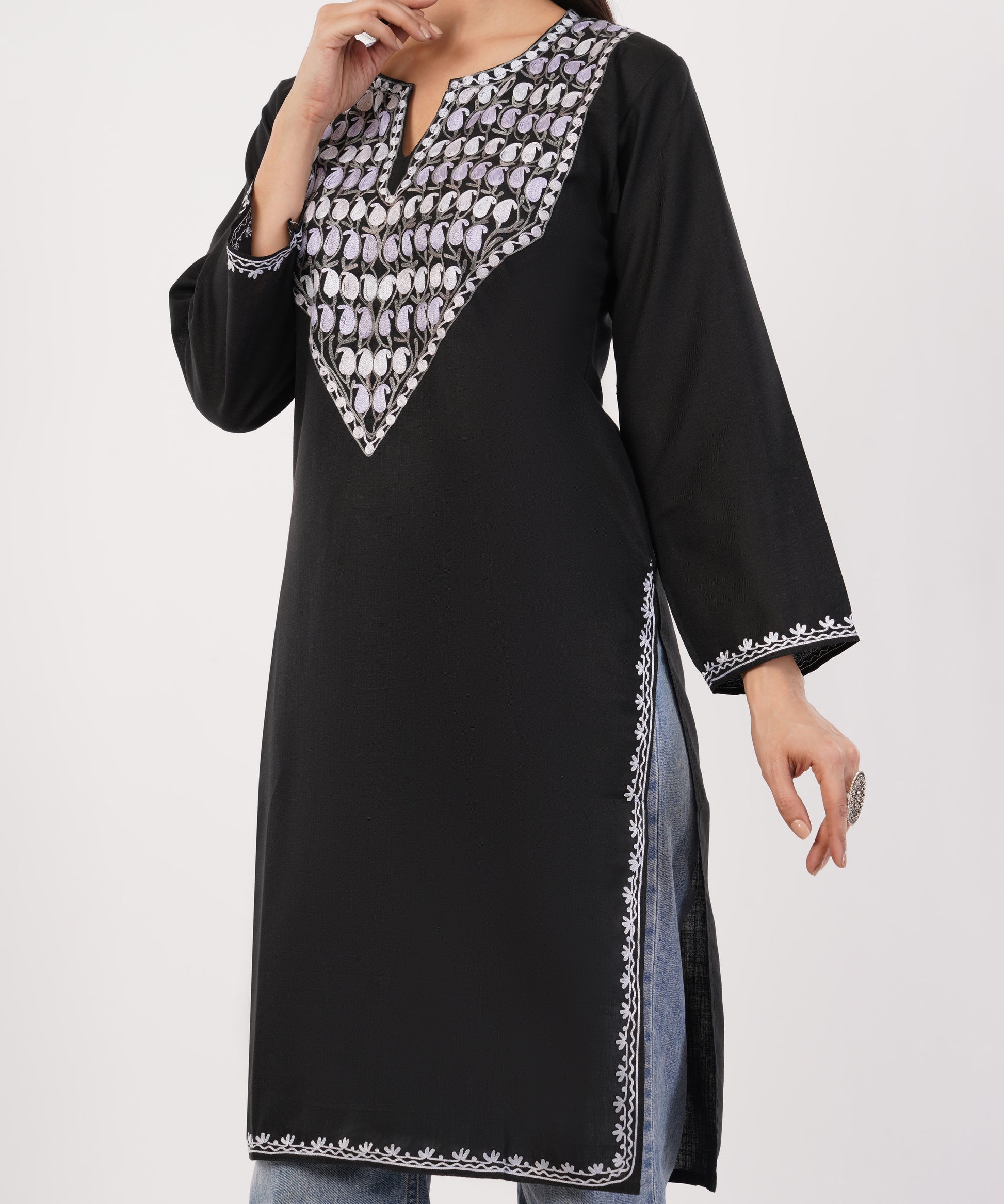Kashmiri Aari embroidery Cotton Long Kurti Size-36 (Black)