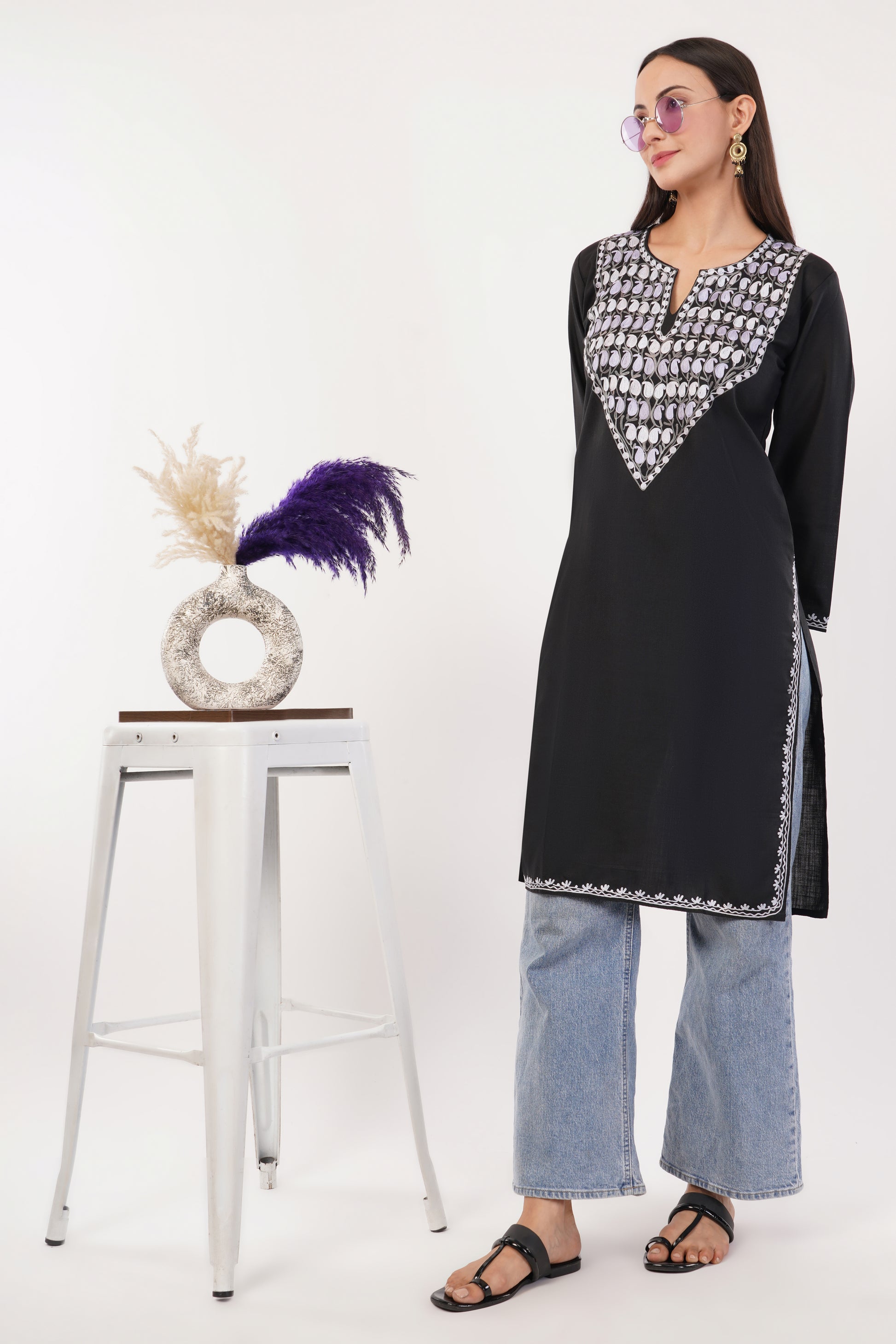 Kashmiri Aari embroidery Cotton Long Kurti Size-36 (Black)