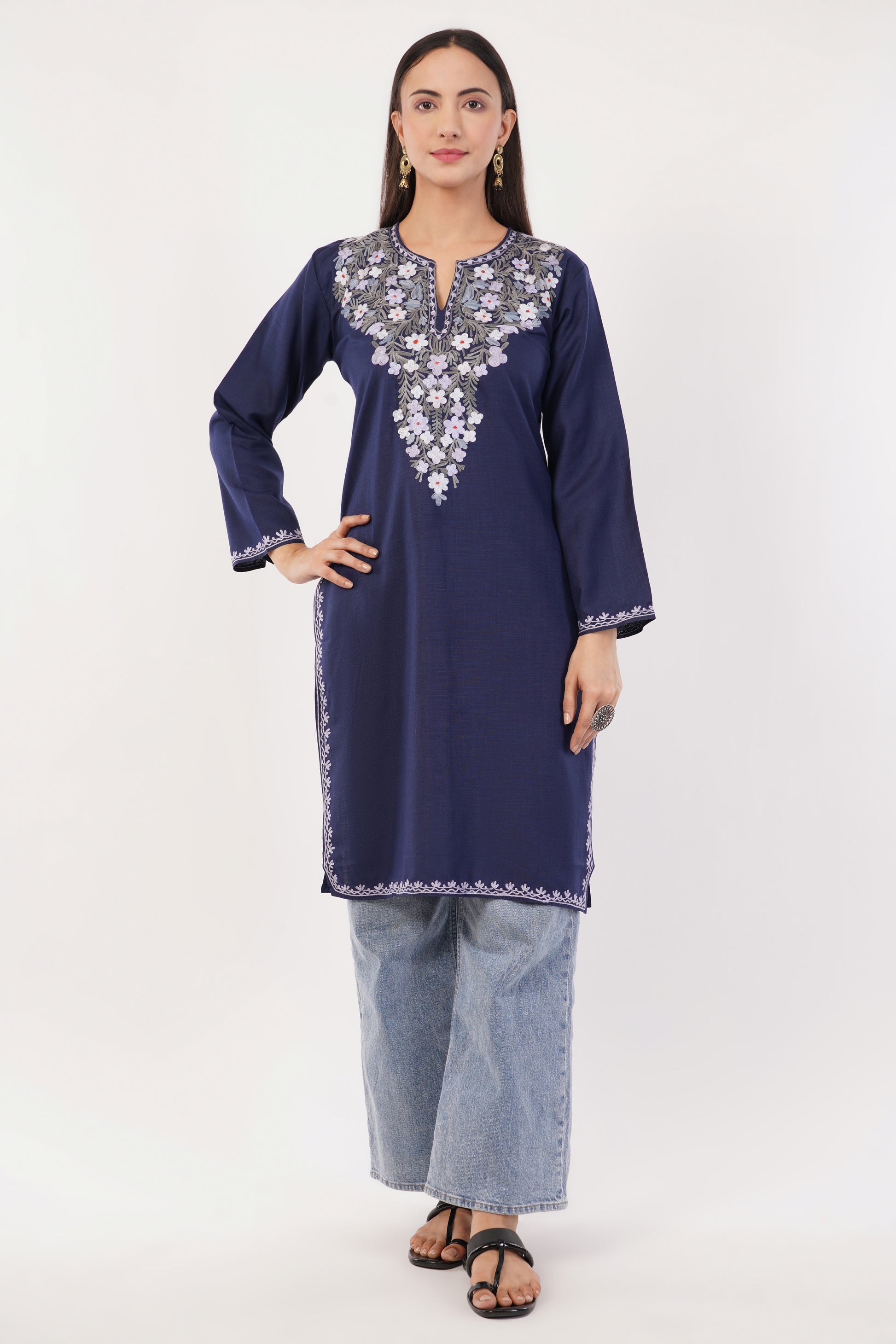 Kashmiri Aari embroidery Cotton Long Kurti Size-36 (Navy Blue)