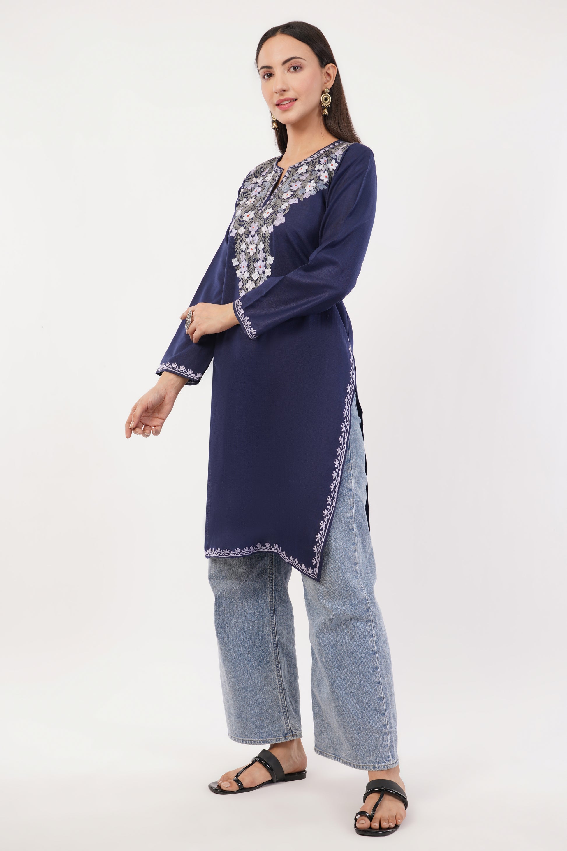 Kashmiri Aari embroidery Cotton Long Kurti Size-36 (Navy Blue)