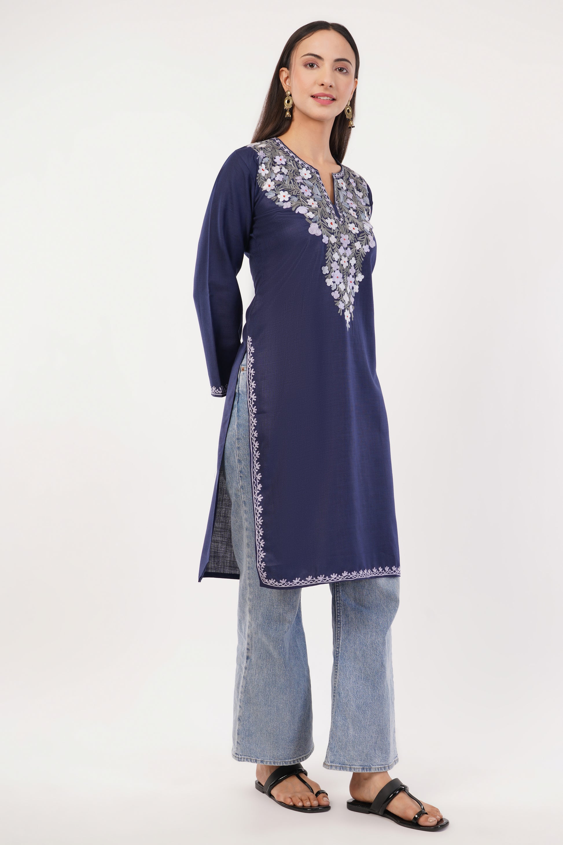 Kashmiri Aari embroidery Cotton Long Kurti Size-36 (Navy Blue)