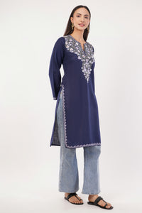 Kashmiri Aari embroidery Cotton Long Kurti Size-36 (Navy Blue)