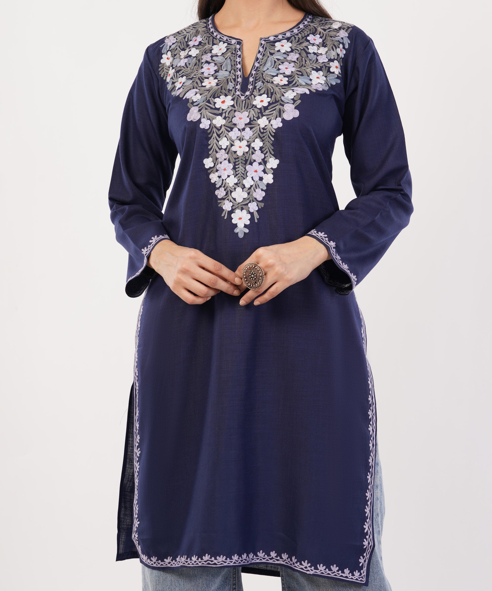 Kashmiri Aari embroidery Cotton Long Kurti Size-36 (Navy Blue)