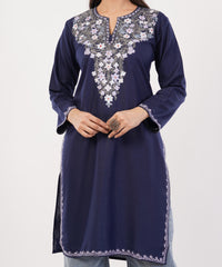 Kashmiri Aari embroidery Cotton Long Kurti Size-36 (Navy Blue)