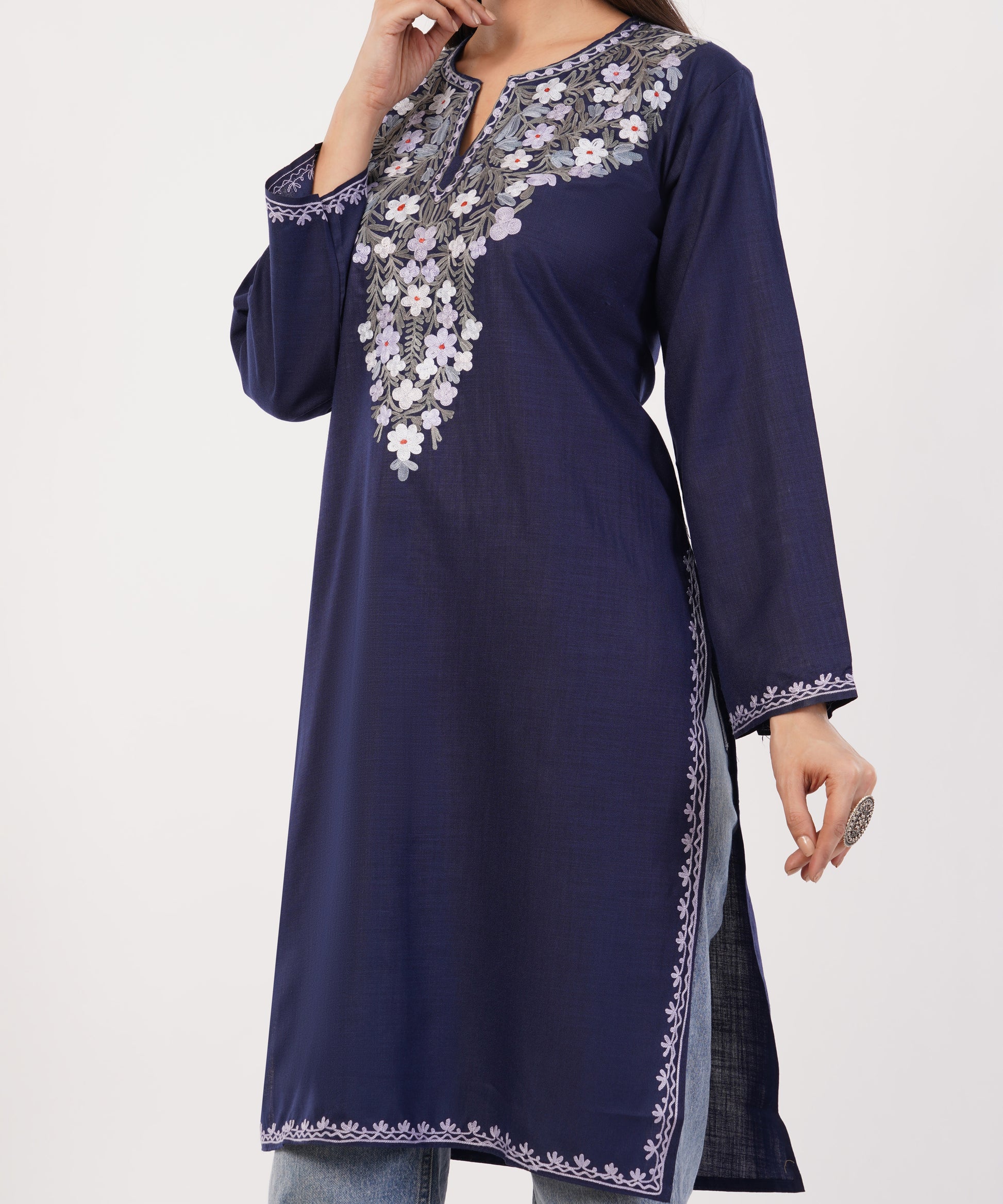Kashmiri Aari embroidery Cotton Long Kurti Size-36 (Navy Blue)