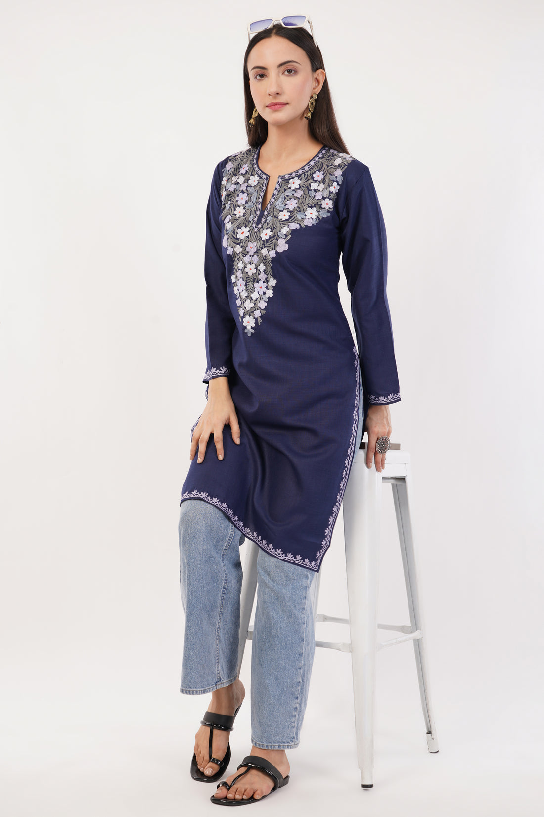 Kashmiri Aari embroidery Cotton Long Kurti Size-36 (Navy Blue)