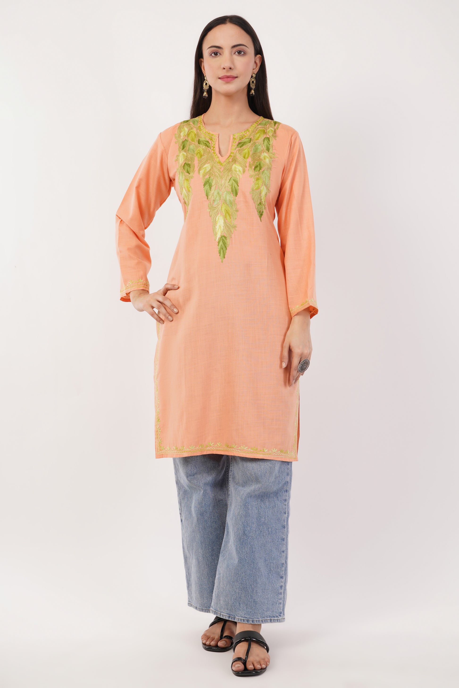 Kashmiri Aari embroidery Cotton Long Kurti Size-36 (Peach)