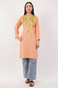 Kashmiri Aari embroidery Cotton Long Kurti Size-36 (Peach)