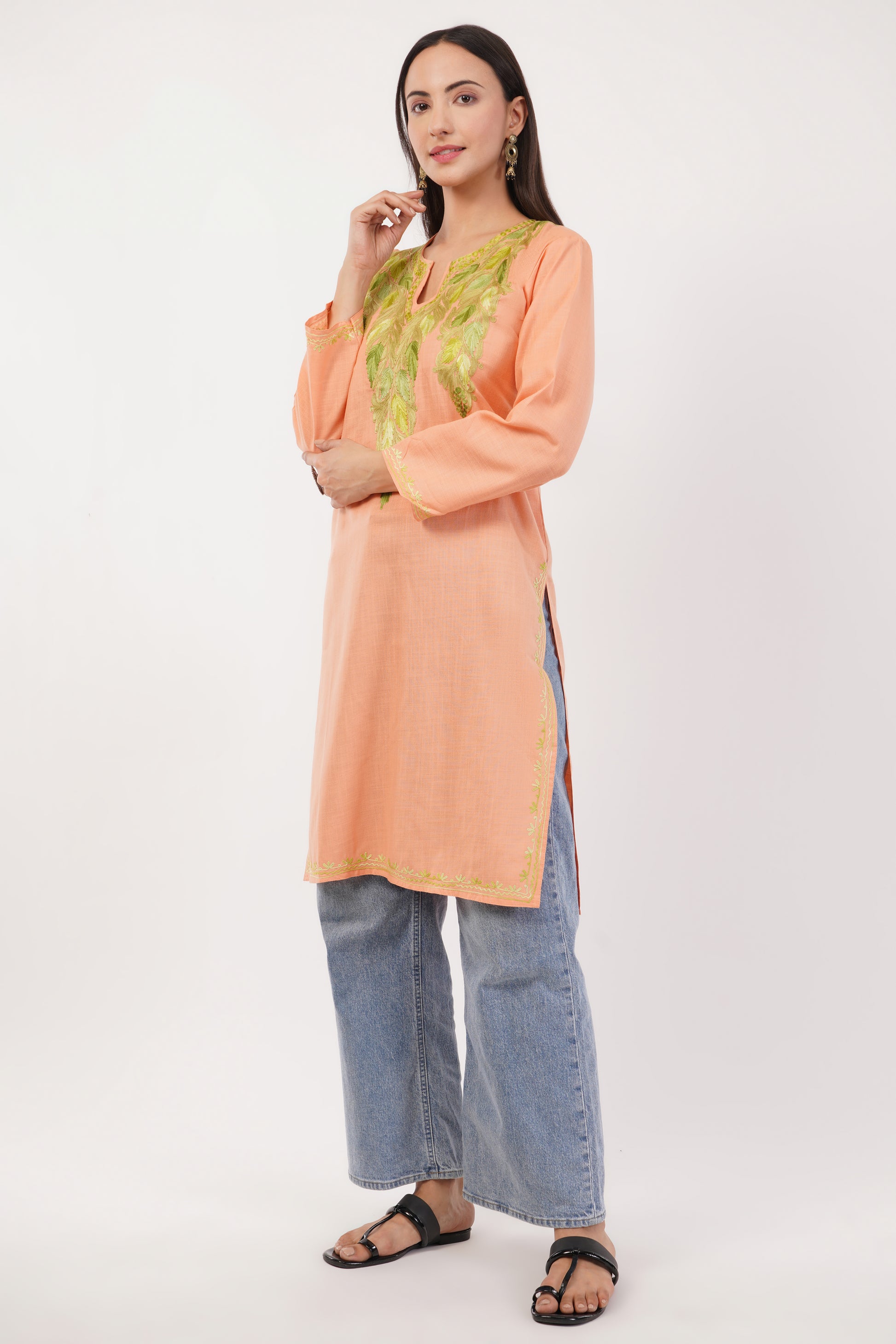 Kashmiri Aari embroidery Cotton Long Kurti Size-36 (Peach)