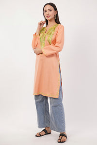 Kashmiri Aari embroidery Cotton Long Kurti Size-36 (Peach)