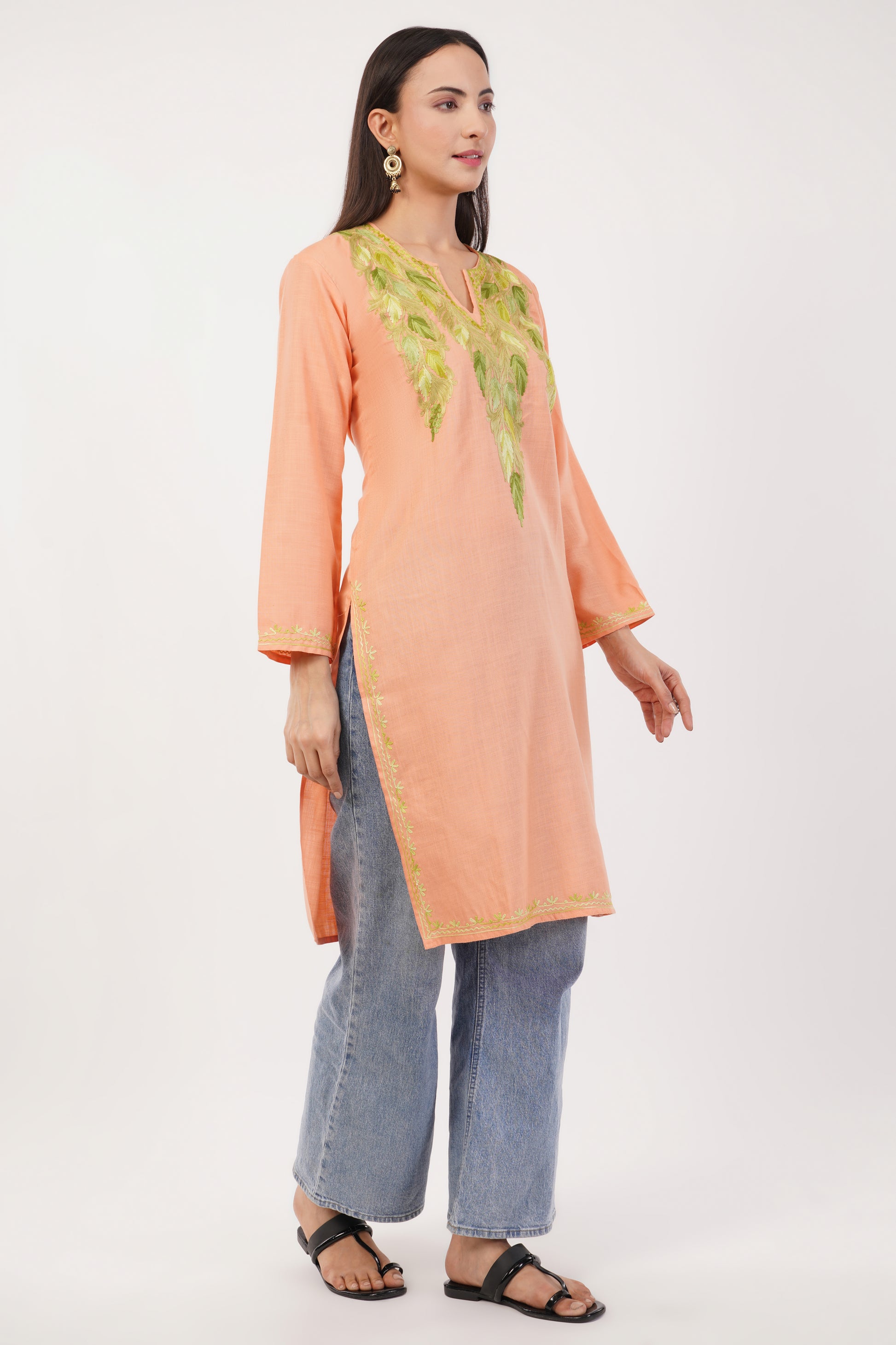 Kashmiri Aari embroidery Cotton Long Kurti Size-36 (Peach)
