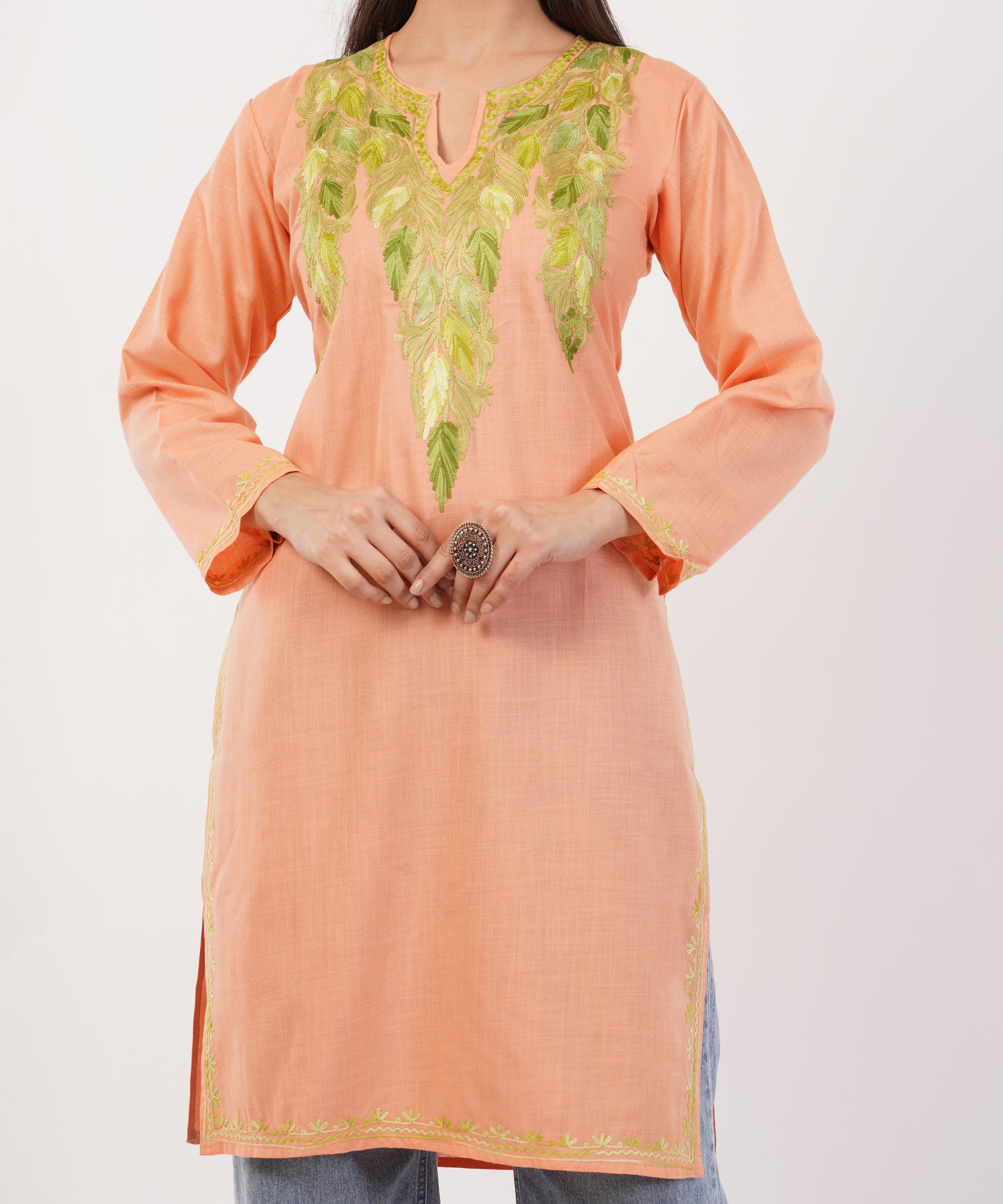 Kashmiri Aari embroidery Cotton Long Kurti Size-36 (Peach)