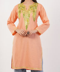 Kashmiri Aari embroidery Cotton Long Kurti Size-36 (Peach)