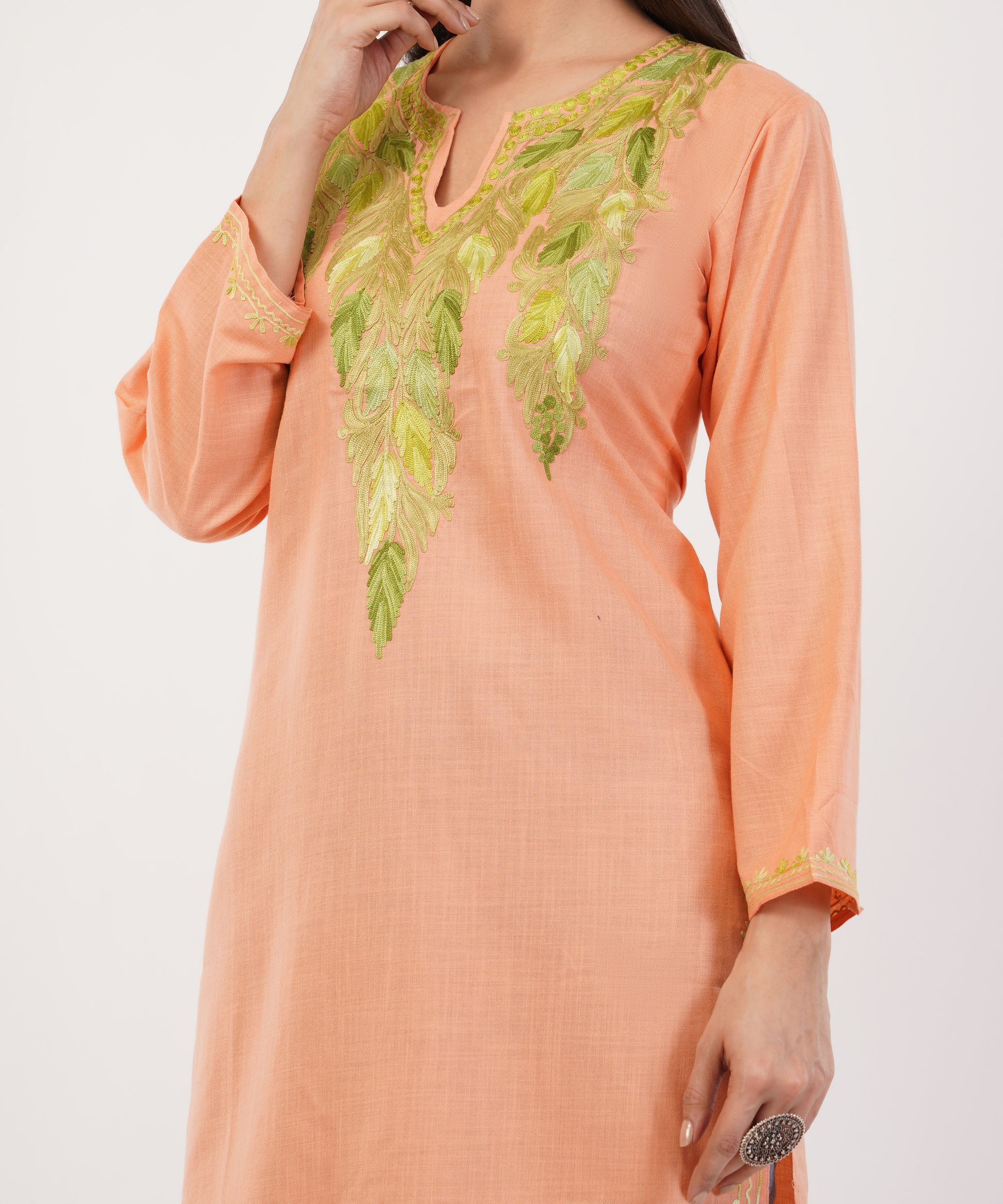 Kashmiri Aari embroidery Cotton Long Kurti Size-36 (Peach)