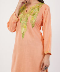 Kashmiri Aari embroidery Cotton Long Kurti Size-36 (Peach)
