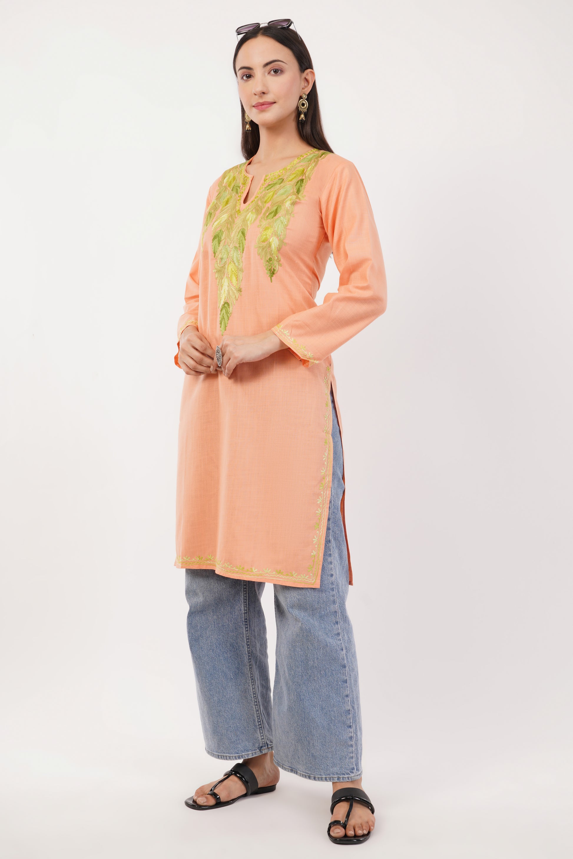 Kashmiri Aari embroidery Cotton Long Kurti Size-36 (Peach)