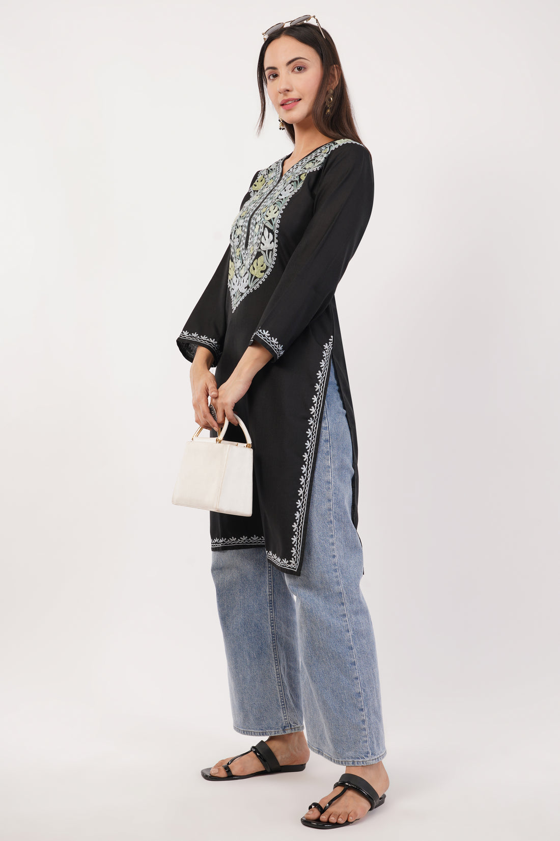 Kashmiri Aari embroidery Cotton Long Kurti Size-36 (Black)