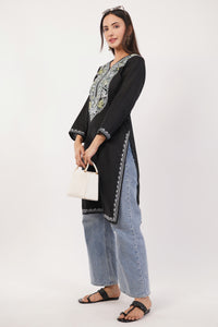 Kashmiri Aari embroidery Cotton Long Kurti Size-36 (Black)