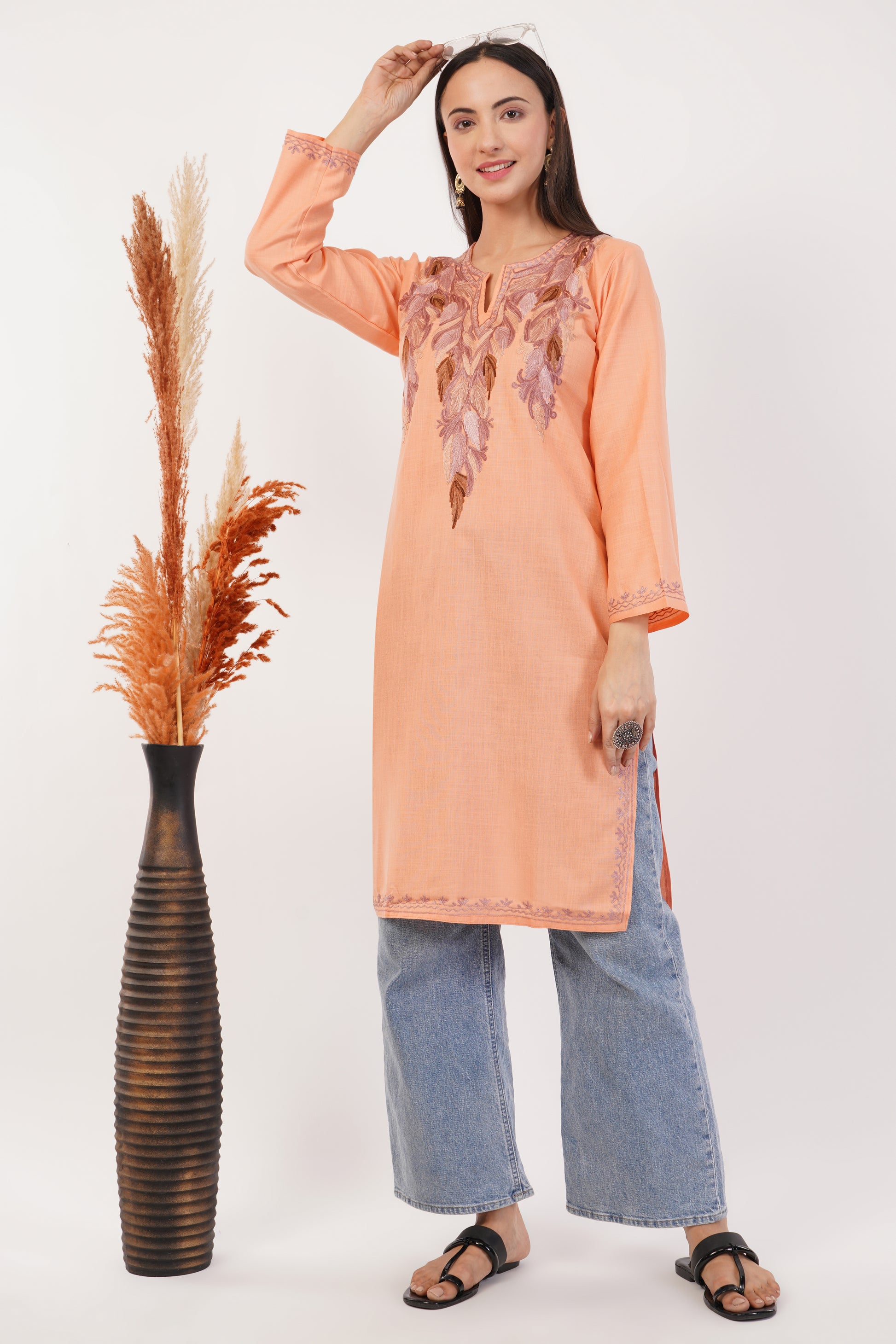 Kashmiri Aari embroidery Cotton Long Kurti Size-36 (Peach)