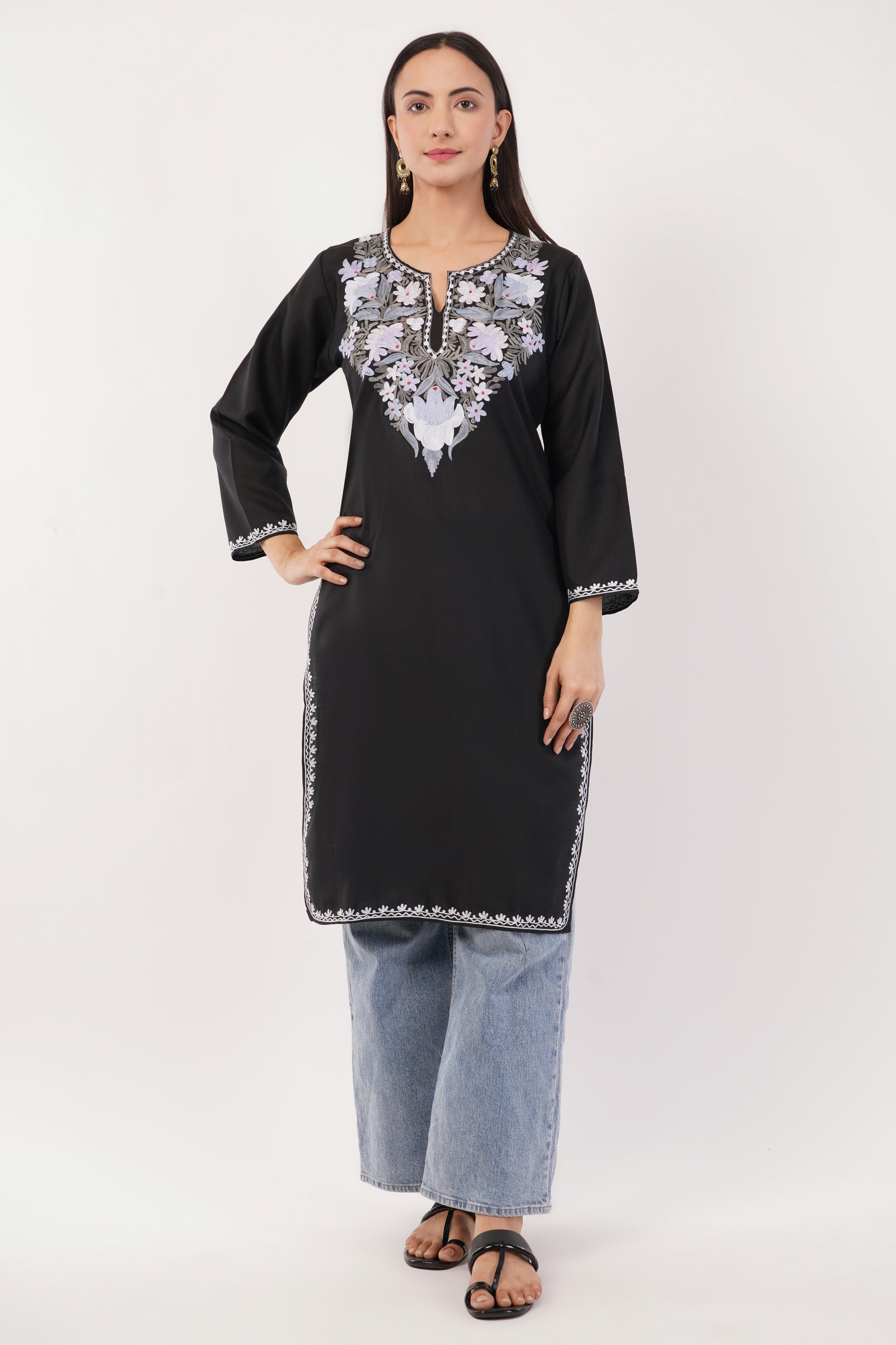 Kashmiri Aari embroidery Cotton Long Kurti Size-36 (Black)