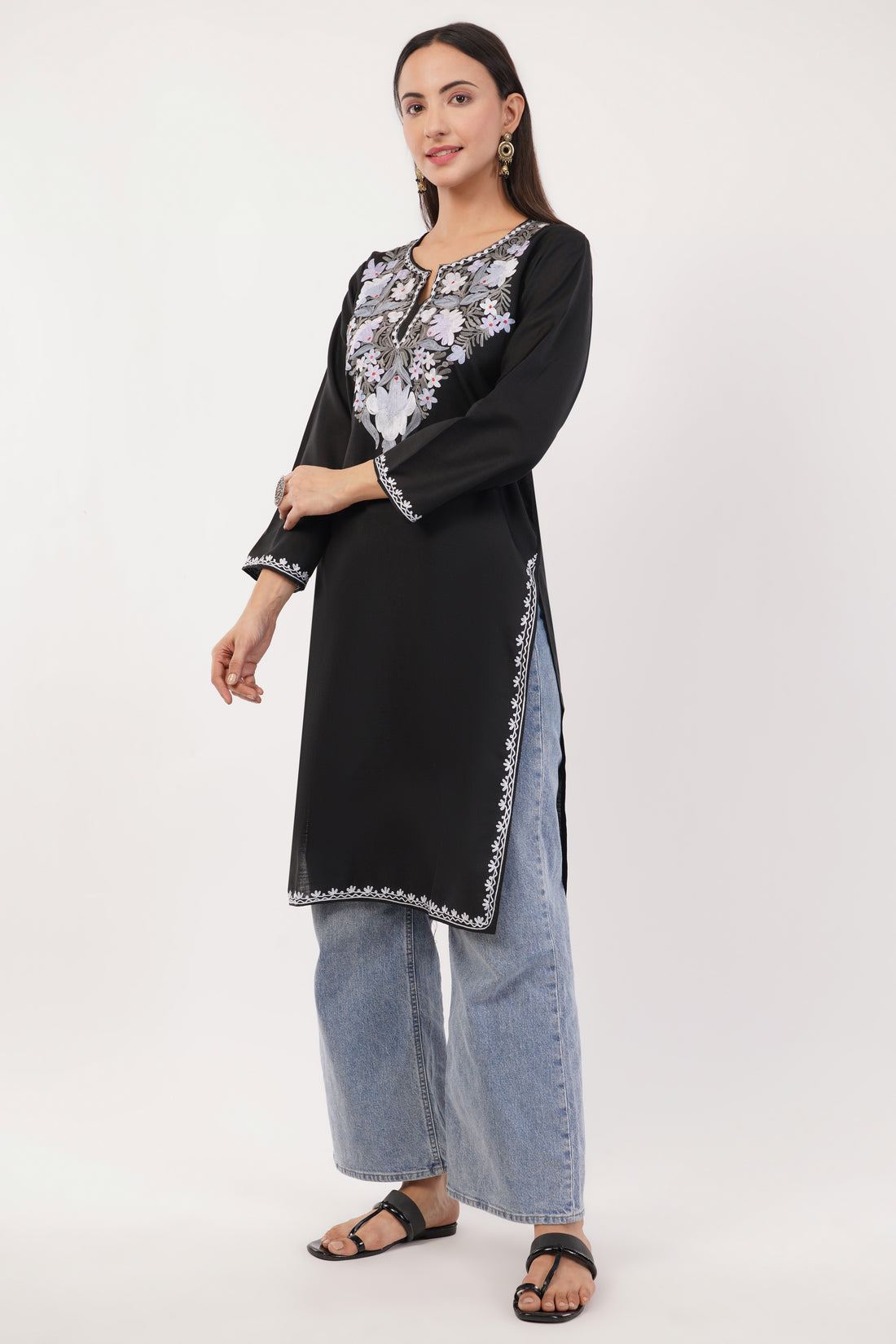 Kashmiri Aari embroidery Cotton Long Kurti Size-36 (Black)