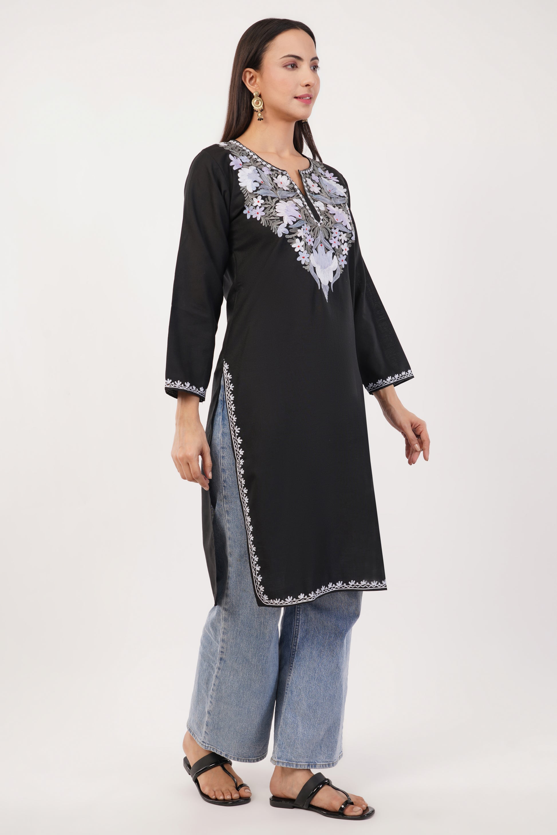 Kashmiri Aari embroidery Cotton Long Kurti Size-36 (Black)