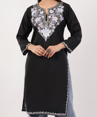 Kashmiri Aari embroidery Cotton Long Kurti Size-36 (Black)