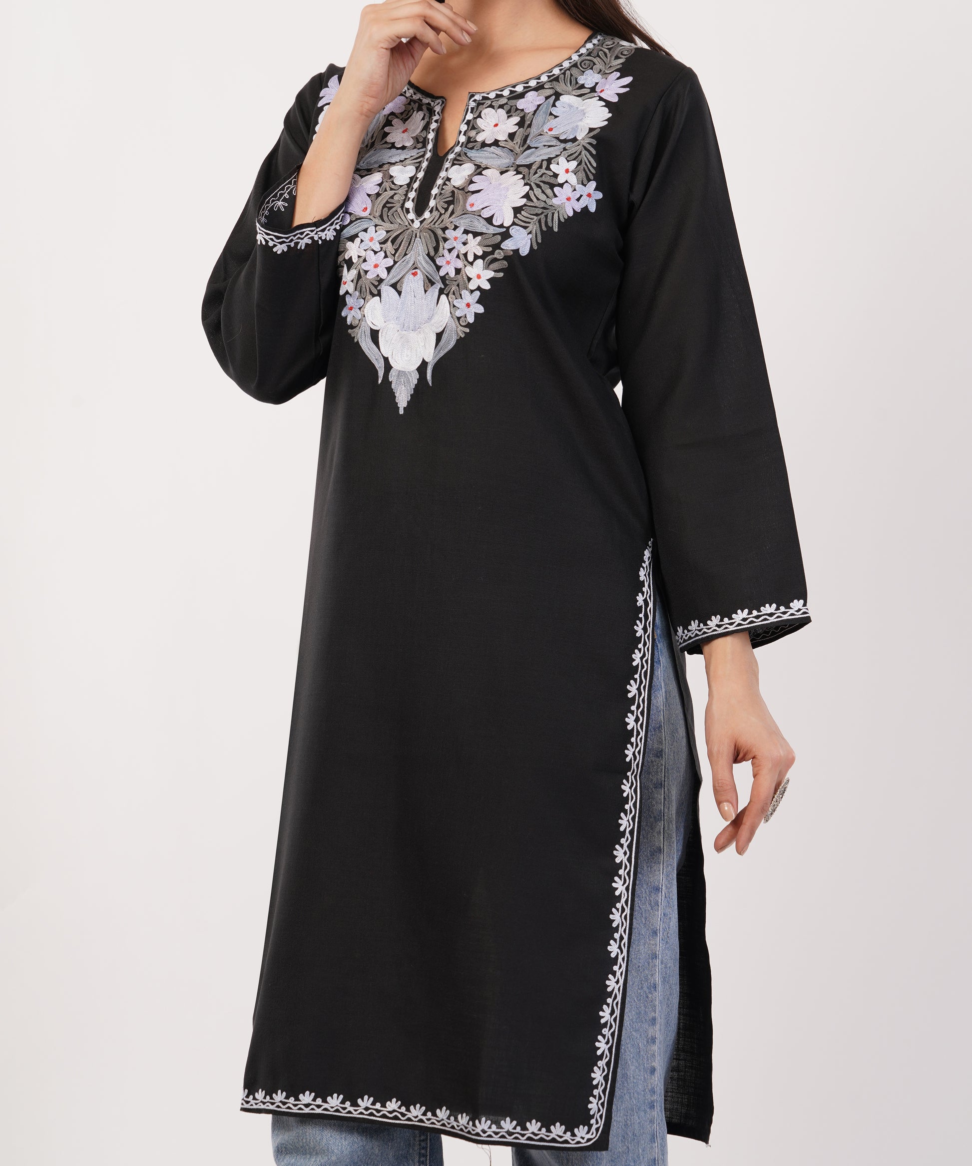 Kashmiri Aari embroidery Cotton Long Kurti Size-36 (Black)