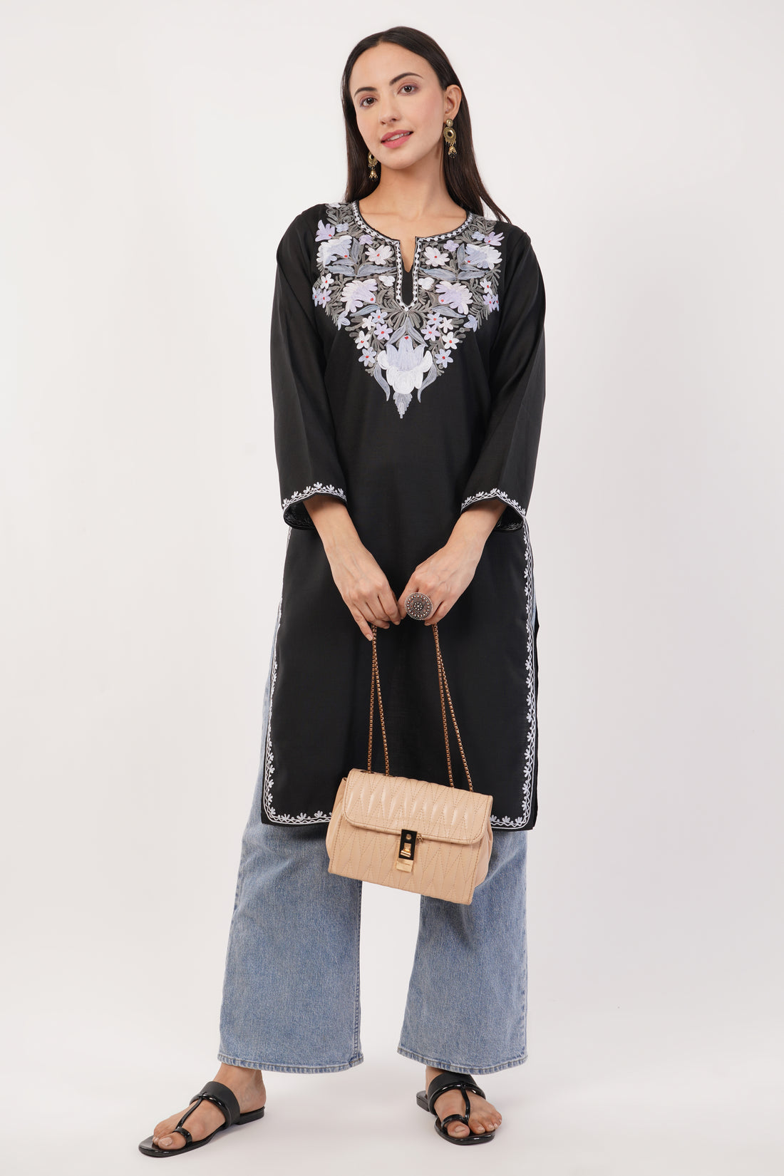 Kashmiri Aari embroidery Cotton Long Kurti Size-36 (Black)