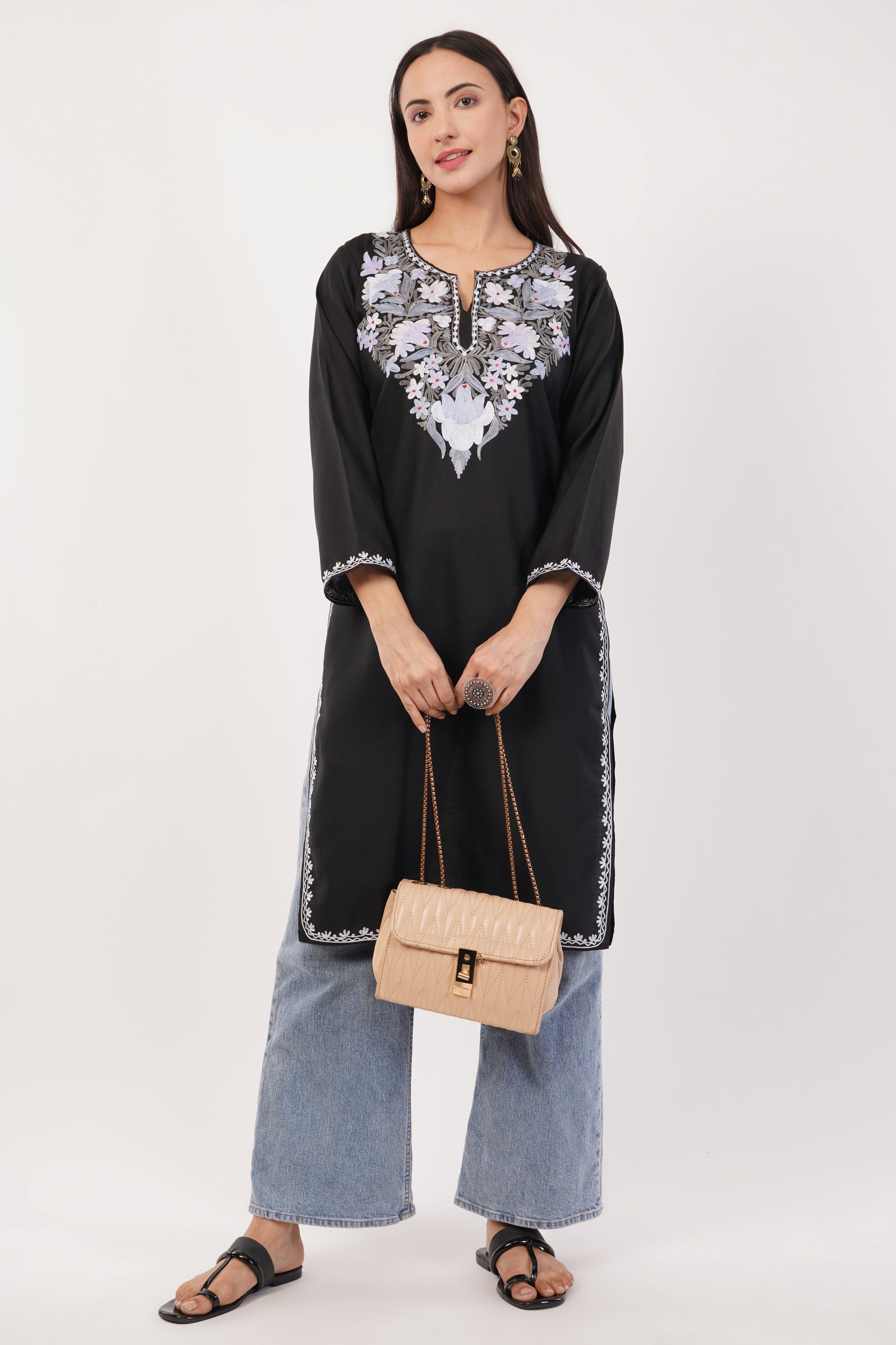 Kashmiri Aari embroidery Cotton Long Kurti Size-36 (Black)