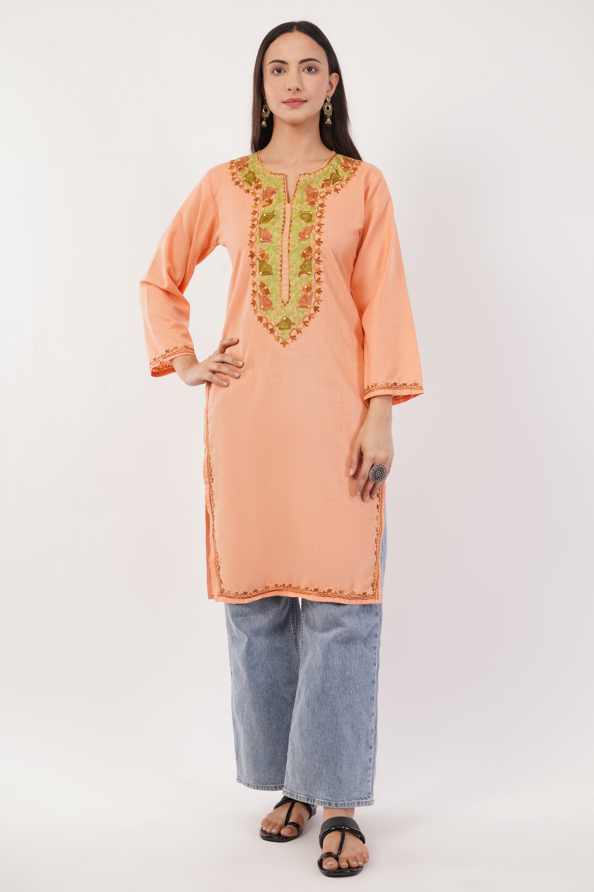 Kashmiri Aari embroidery Cotton Long Kurti Size-36 (Peach)