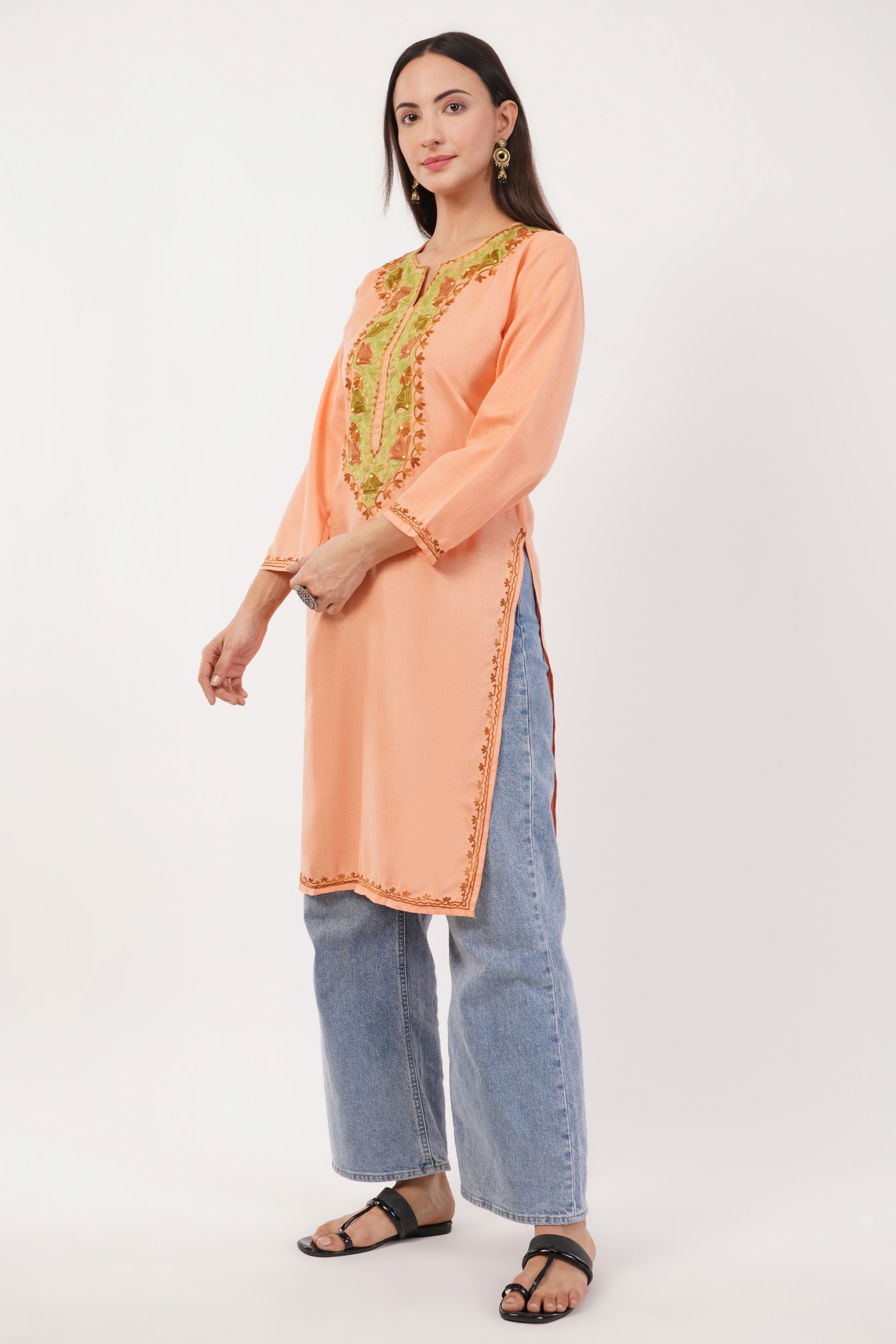 Kashmiri Aari embroidery Cotton Long Kurti Size-36 (Peach)