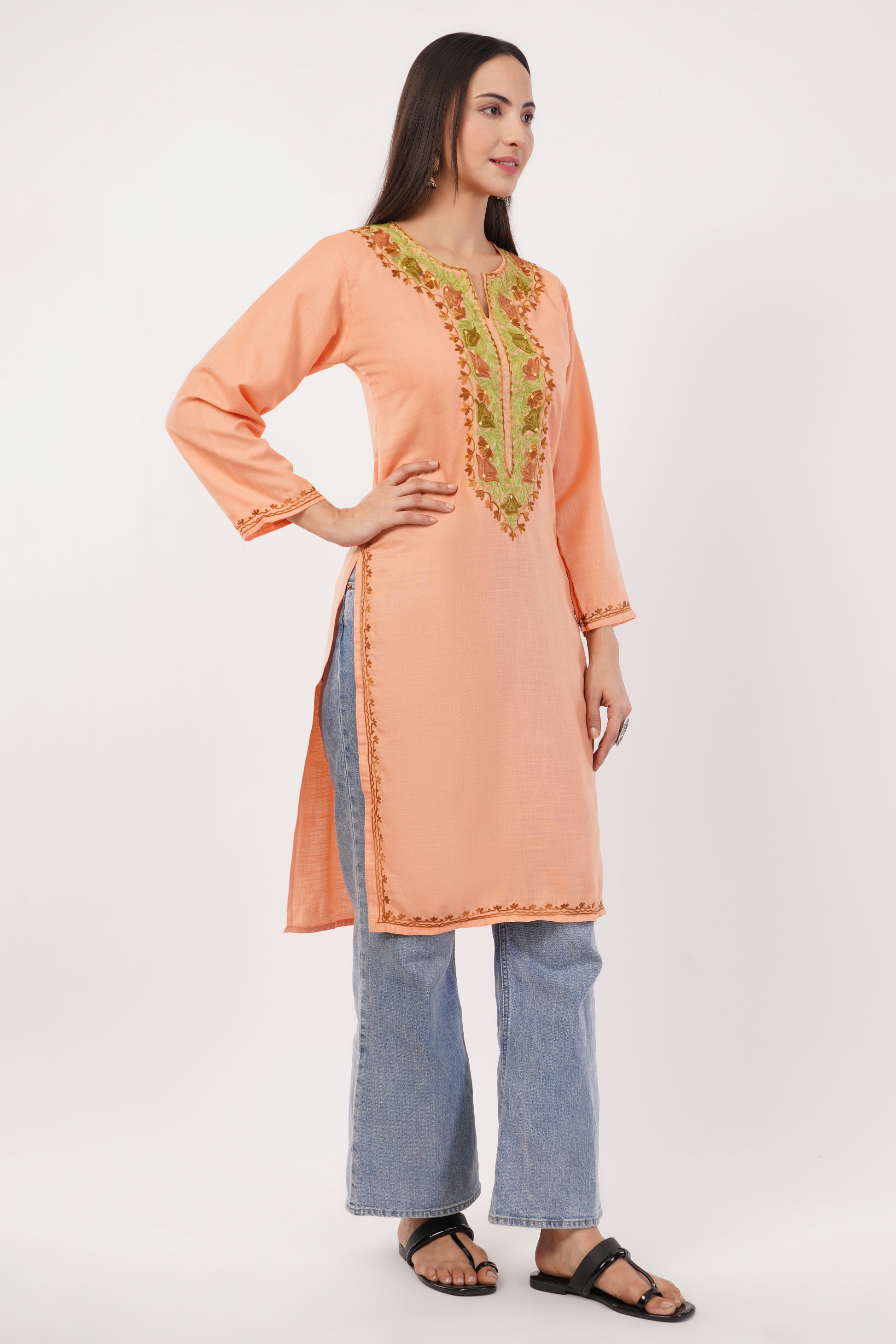 Kashmiri Aari embroidery Cotton Long Kurti Size-36 (Peach)